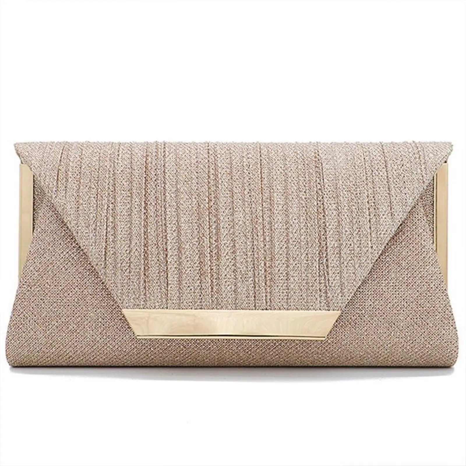 Women's Gold Envelope Evening Clutch Bag - Luxury Pleated Satin, Sparkly Metallic Finish, Vintage V Metal Trim, PU Leather Pouch, Champagne-Obsidian Retro Crossbody Chain for Prom, Wedding - Shoulder Clutch