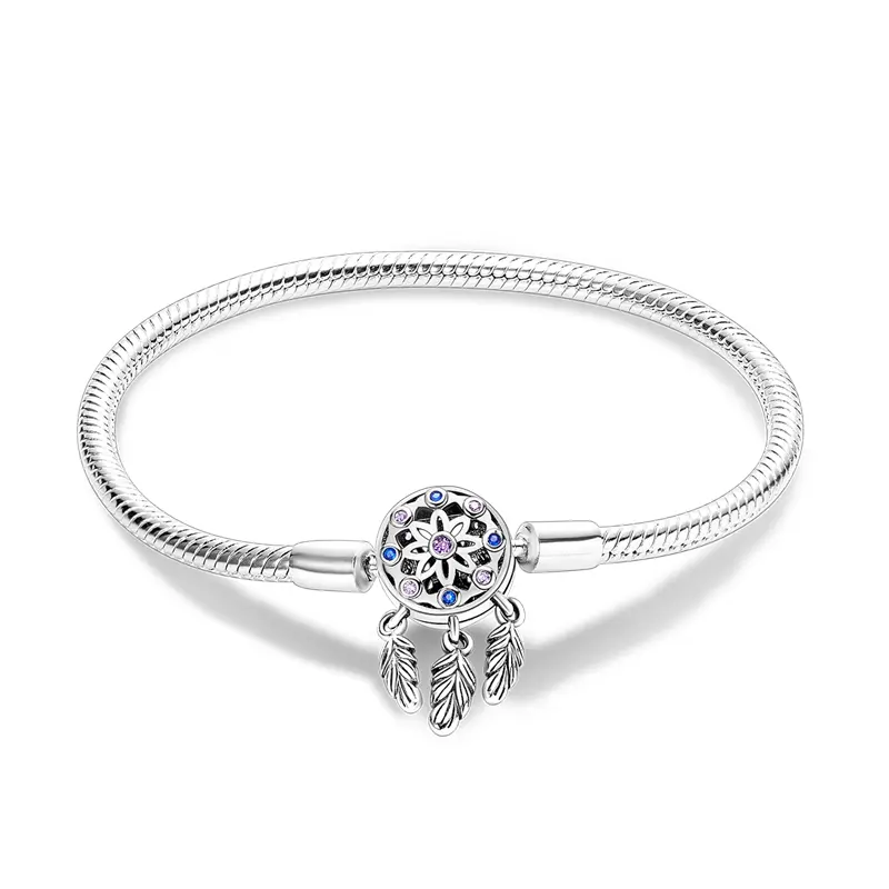 Women's 925 Silver-Plated Bohemian Style Dream Catcher Beads Adjustable Flexible Snake Bracelet - Anti-Tarnish Finish, Smooth Surface, Adults' Everyday Wear, Stacking Ready, Elegant DIY Gift