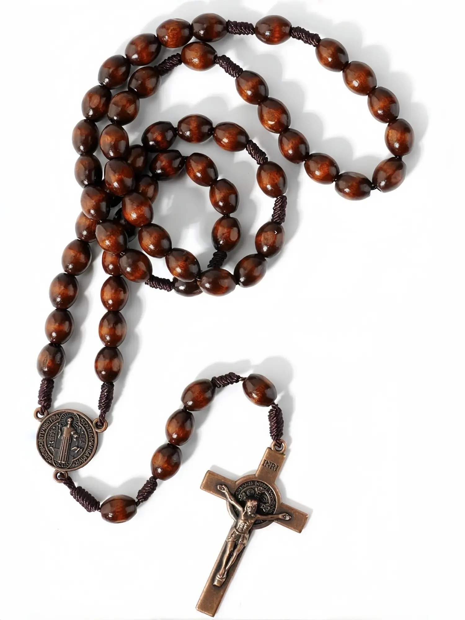 1pc Wooden Rosary Beads Necklace, Catholic Prayer Rosary with Crucifix & Saint Benedict Medal, Handmade Knotted Rosary, Religious Jewelry, for Men Women, Prayer, Church, Gift Idea, Viral TikTok Faith Necklace, Dainty Cross Necklace, Cross Chain