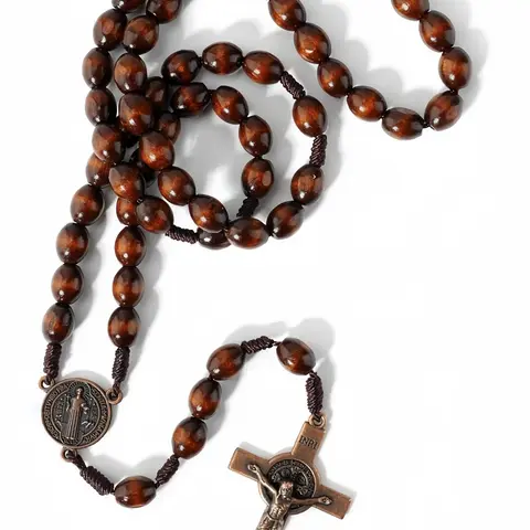 1pc Wooden Rosary Beads Necklace, Catholic Prayer Rosary with Crucifix & Saint Benedict Medal, Handmade Knotted Rosary, for Men Women, Prayer, Church, Faith Necklace, Gift Idea, Dainty Cross Necklace, Cross Chain
