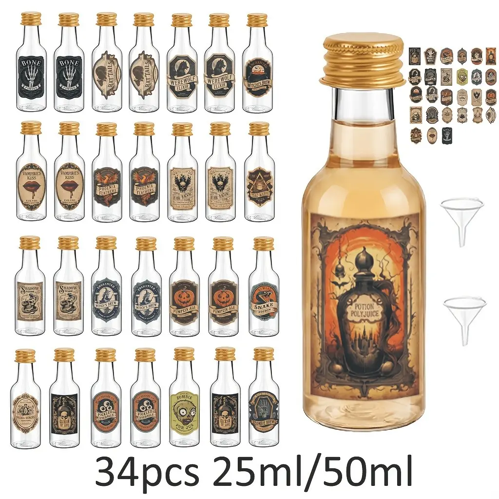 34pcs Reusable Plastic Wine Bottles, Halloween Theme, Leak Proof, Portable, Ideal for Fruit Wine, Parties, Gatherings, Barbecues