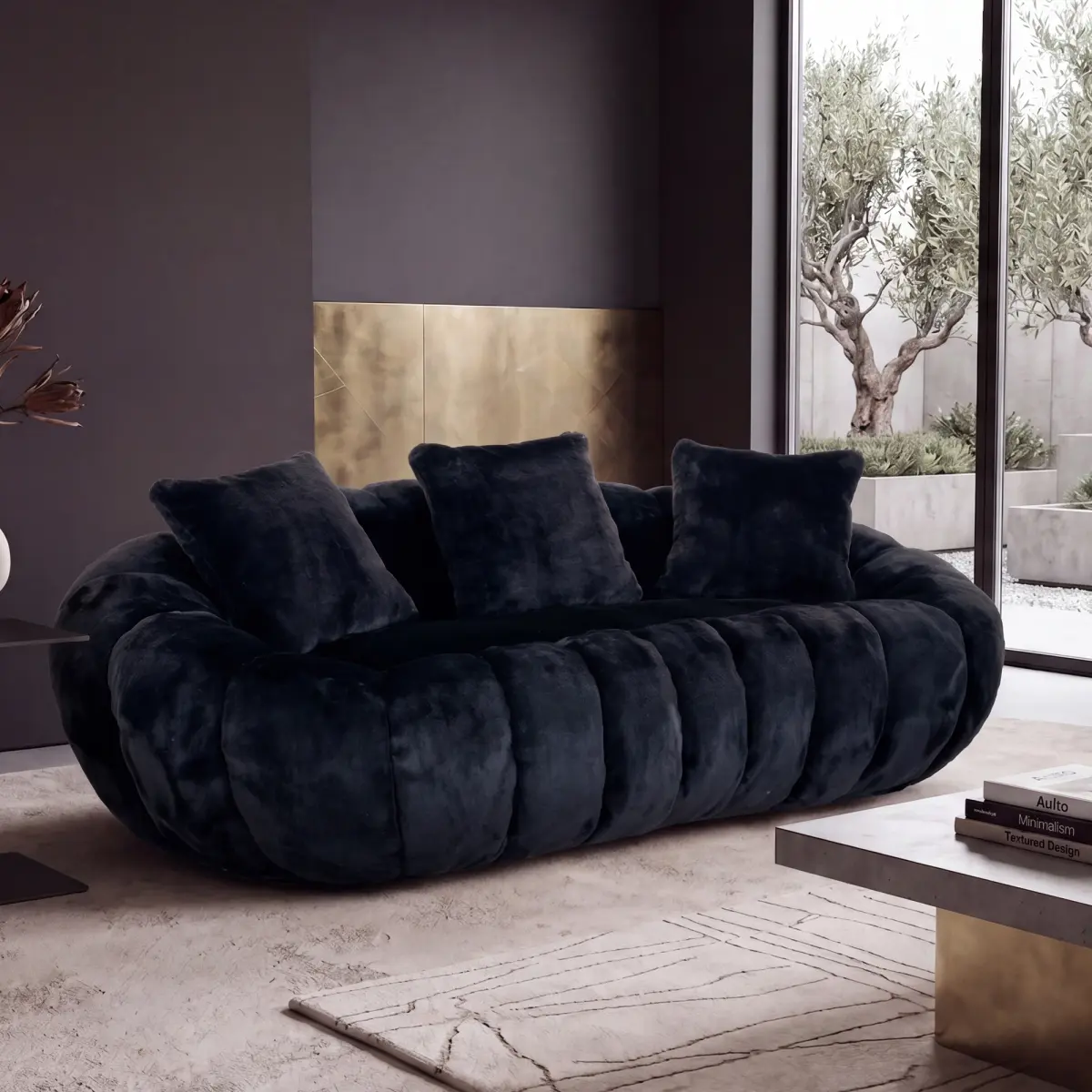 Aobtkel Floral-Shaped 2-Seater Modern Modular Sofa - Ultra-Soft Faux Fur Corduroy Cloud Oversized Plush Chaise Lounge for Large Living Rooms, Black crushed velvet