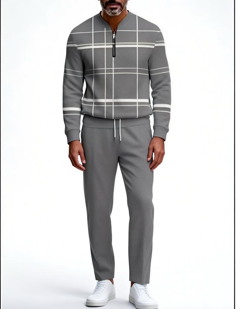 "New European and American men's sportswear set, featuring a half-zipper top paired with matching pants, and a trendy design with a sleeve patch featuring the number 5. The fabric is comfortable, suitable for daily street wear, casual commuting, and effor