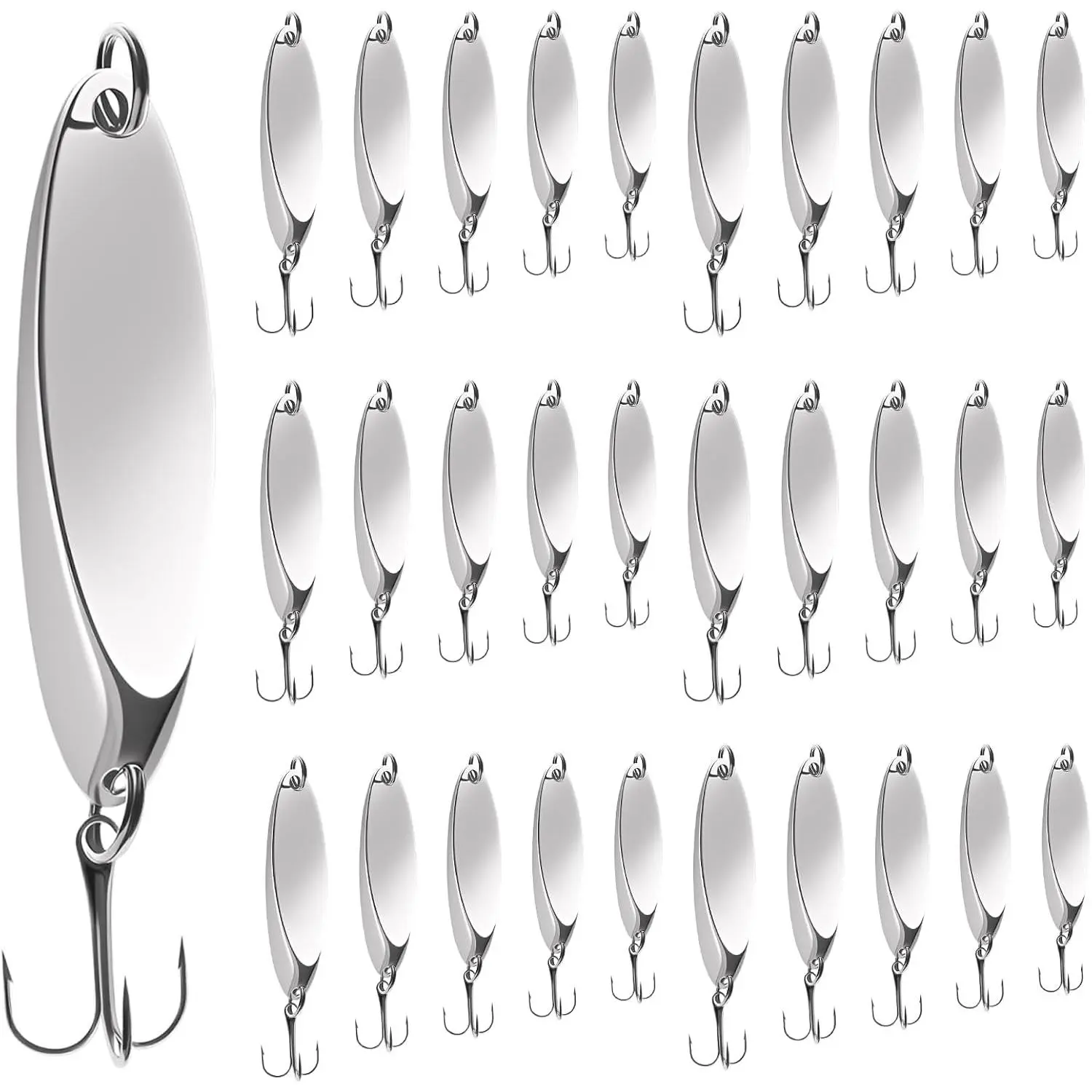 Fishing Lures Spoons, Trout Lures 5 count/30pcs Hard Metal Spinner Bass Baits 5 Sizes Casting Spoon Hooks for Salmon Bass in 1/5oz 1/4oz 3/8oz 1/2oz 3/4oz