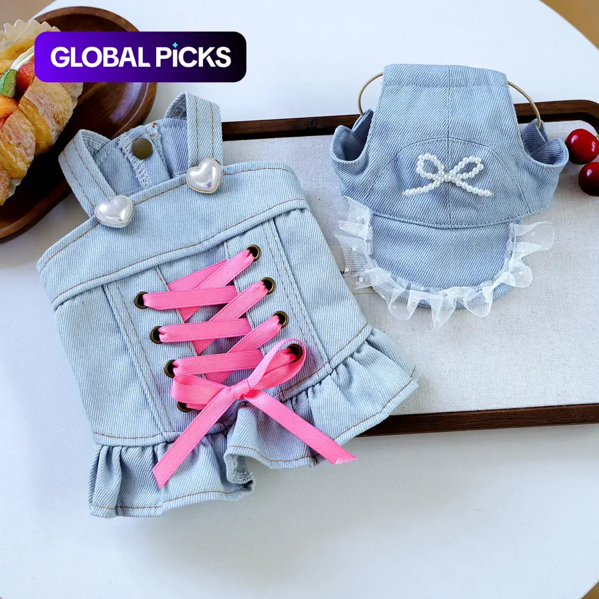 Cute Denim Skirt + Pearl Hat Pet Dog Clothes, Small Dogs Teddy Bichon Pomchi, Adorable for Pets, High-Quality Costume #GLOBAL PICKS