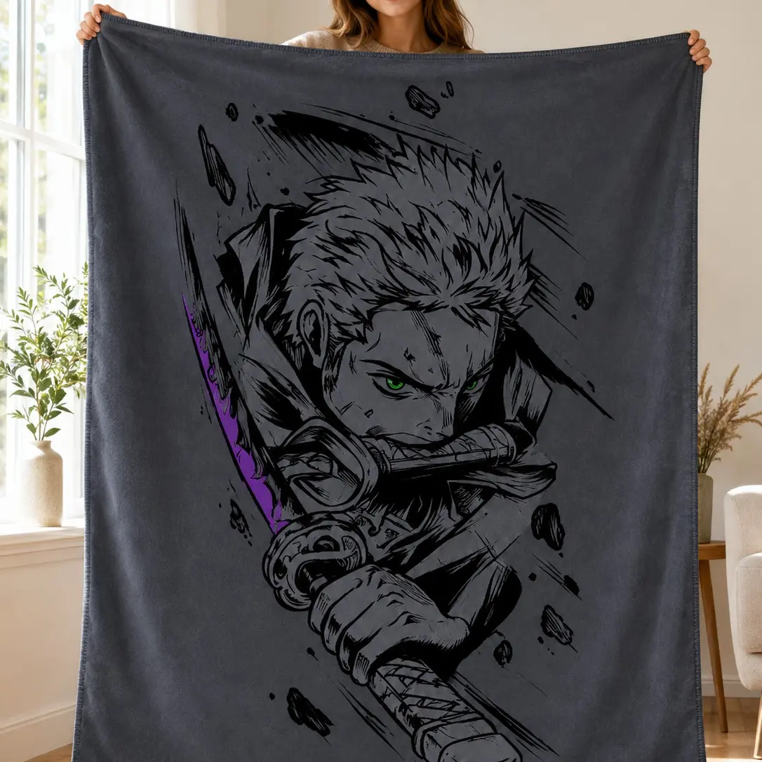 1PC Flannel Blanket, One Piece Zoro Anime Theme, Dark Gray Swordsman Character Print, Soft Skin-Friendly Warm Throw for Bed Sofa Nap, Movie Watching, Dorm Room and Anime Fan Gift