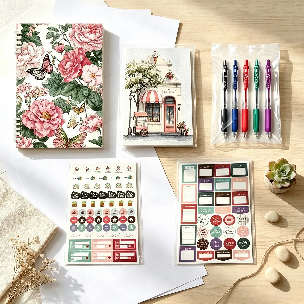 Multifunctional Handwritten Stationery Set, Floral Butterfly Illustration Style, Coil Notebook Index Labels, Teacher Gift, New Student Reward, Aesthetic Notebook