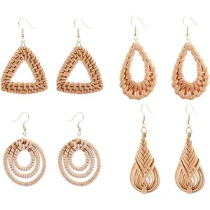 4 Pairs Lightweight Rattan Knit Dangle Earrings Bohemia Straw Wicker Braid Woven Geometric Statement Earring Women  -style 2