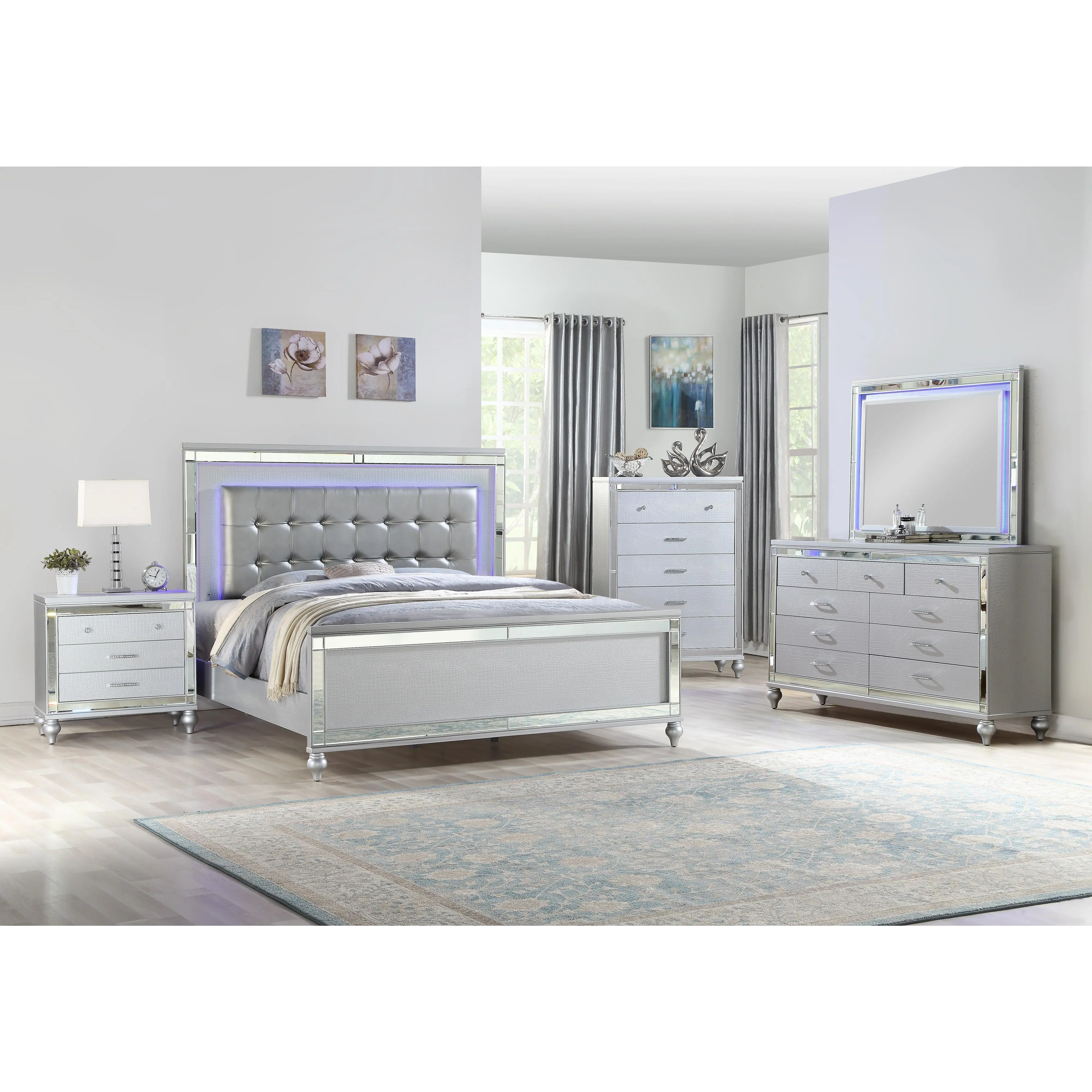 ARCH Full Size 5-Piece LED Bedroom Set with Crystal Tufted Headboard, Wood & MDF Construction, Silver Finish, Includes Bed, Dresser, Mirror, Nightstand & Chest, Contemporary Modern Bedroom Furniture Suite, Full Size Options, Silver Color Options