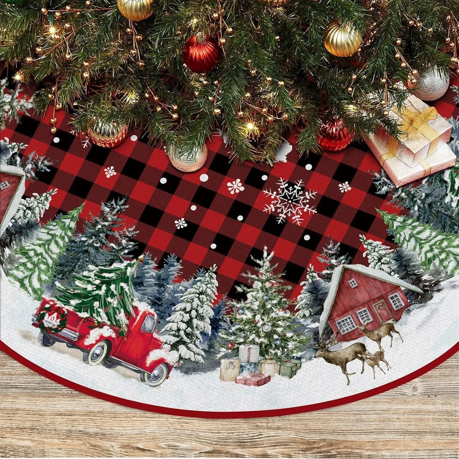48-Inch Red Buffalo Plaid Christmas Tree Skirt with Truck & Pencil Design, Round Fabric Mat for Home Holiday Decor, Party Holiday Decor Supplies, Round Skirt