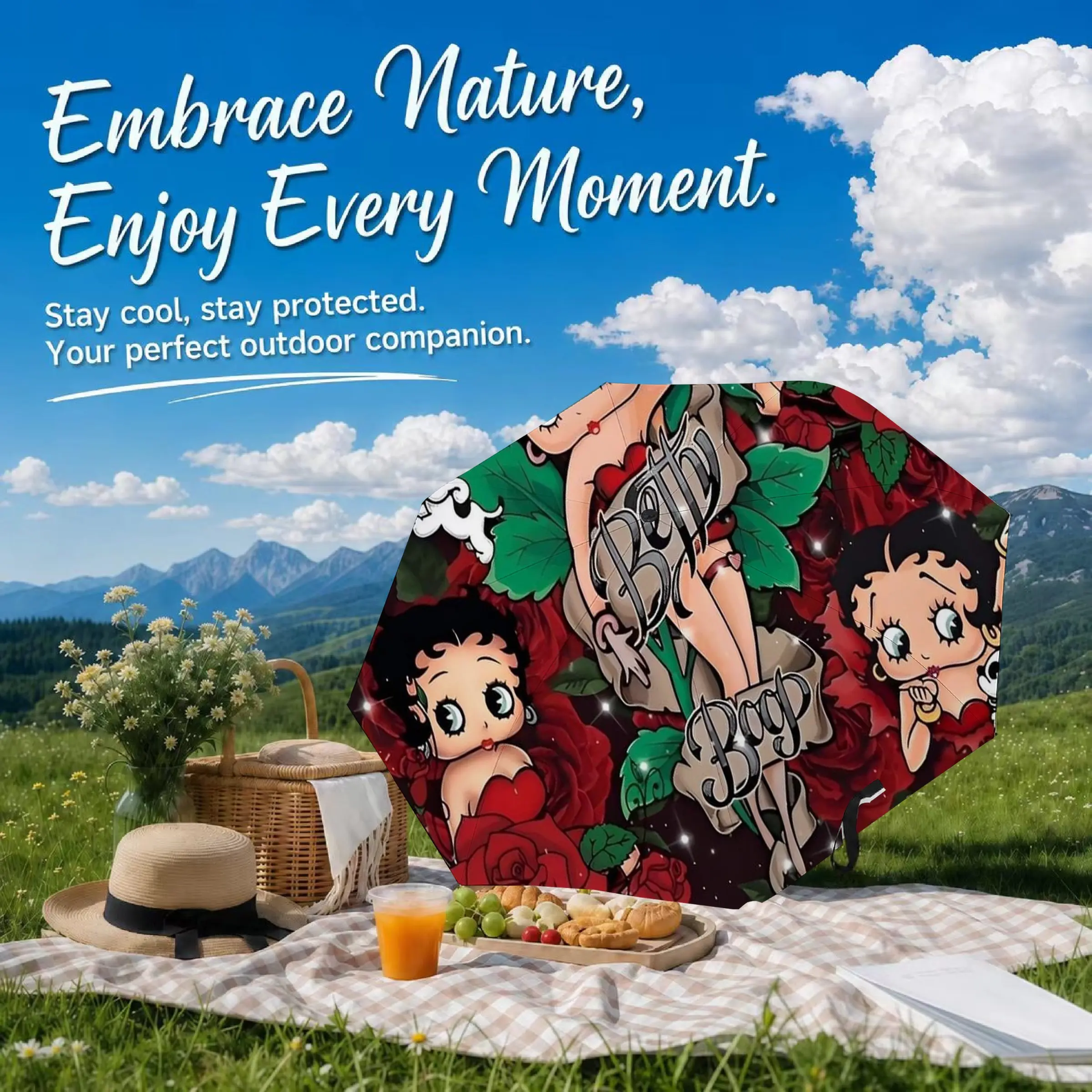 American retro Betty doll, fully automatic umbrella, black vinyl sun protection umbrella suitable for both rain and sunshine, portable folding umbrella