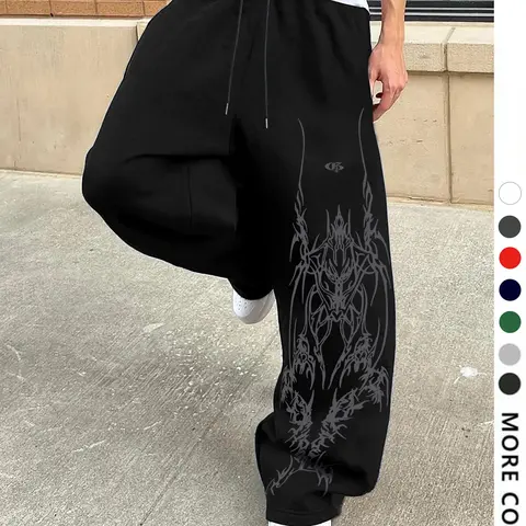 Men's Casual Sporty Long Pants, Gothic Pattern Print Sweatpants, Casual Style Sweatpants, Drawstring Wide Leg Leisure Pants, Suitable for All Seasons