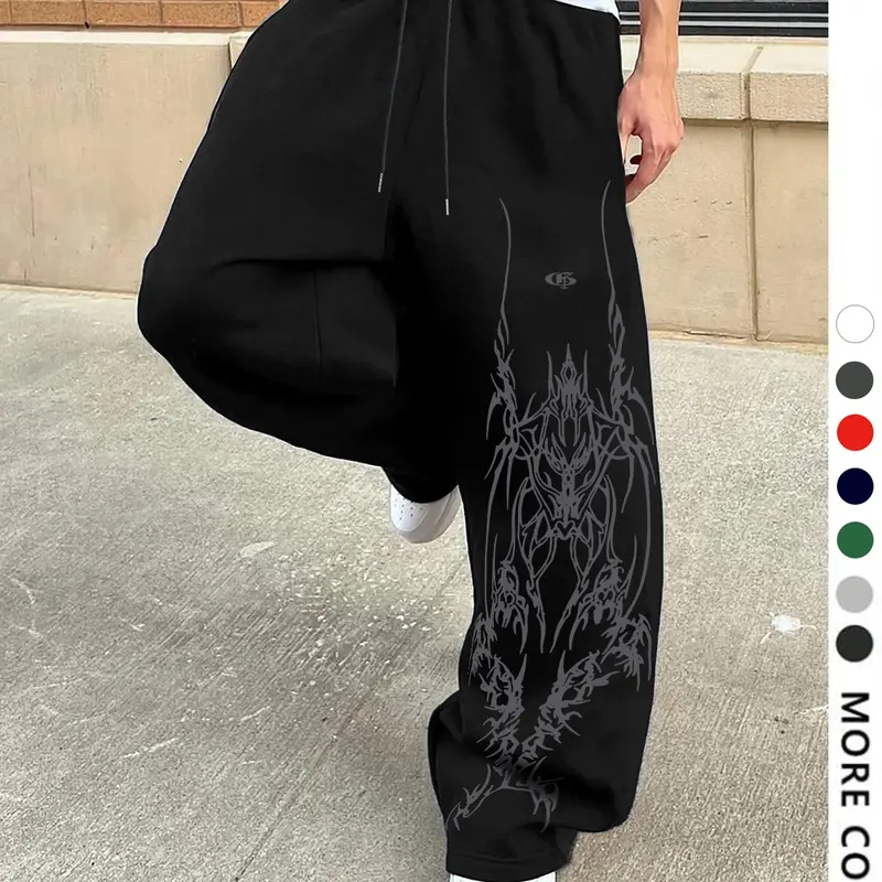 Men's Casual Sporty Long Pants, Gothic Pattern Print Sweatpants, Casual Style Sweatpants, Drawstring Wide Leg Leisure Pants, Suitable for All Seasons