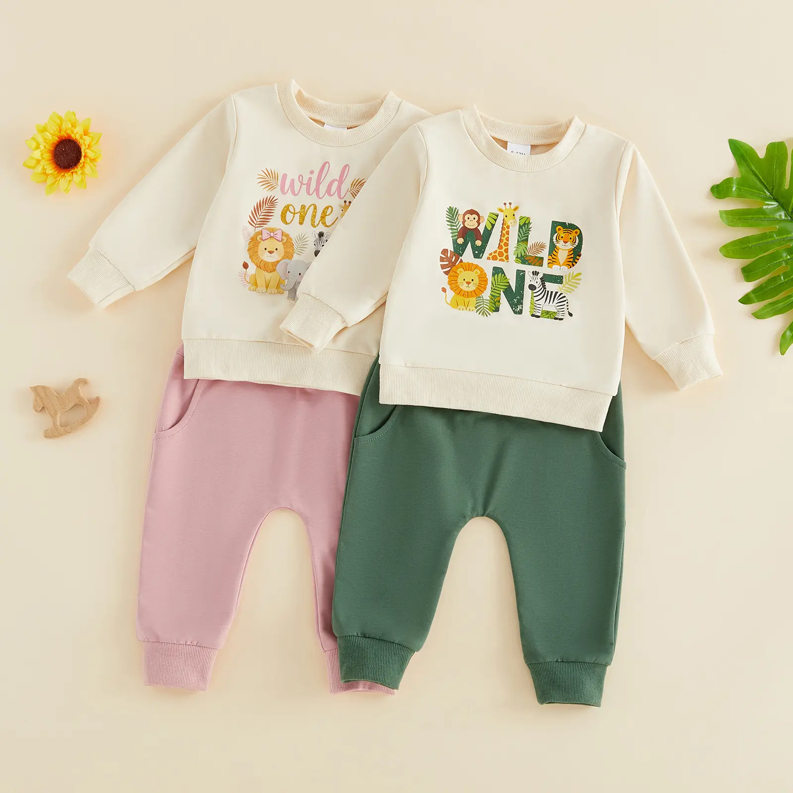 Baby 2Pcs Birthday Outfit Long Sleeve Crew Neck Animal Print Sweatshirt Drawstring Pants Sets