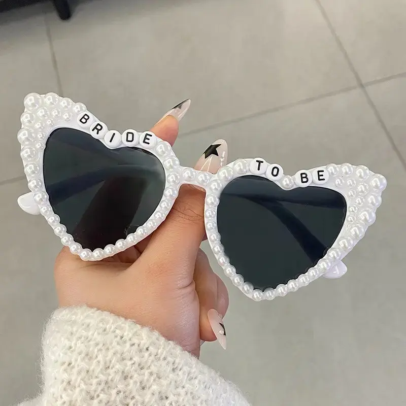 Women's Heart-Shaped Sports Sunglasses - Resin Frames with Full Pearl Trim, UV400 Protection, Bride-Focused Props for Bachelorette Party & Bridal Shower, Pearl Trimmed, Wedding Photo Props