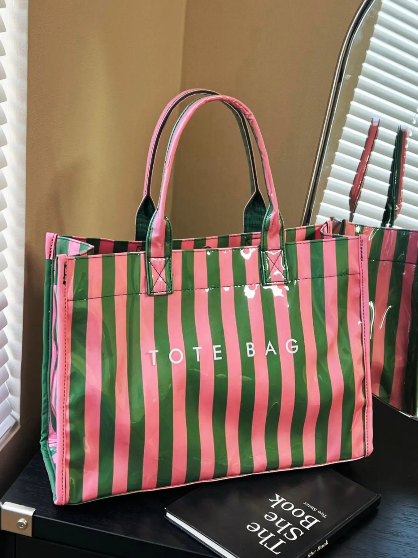 2026 New Glossy PVC Waterproof Striped Tote Bag, Commuter Tote, Large Capacity Lightweight Travel Shopping Bag, Mom Baby Outing Bag, Mommy Bag, Student School Bag