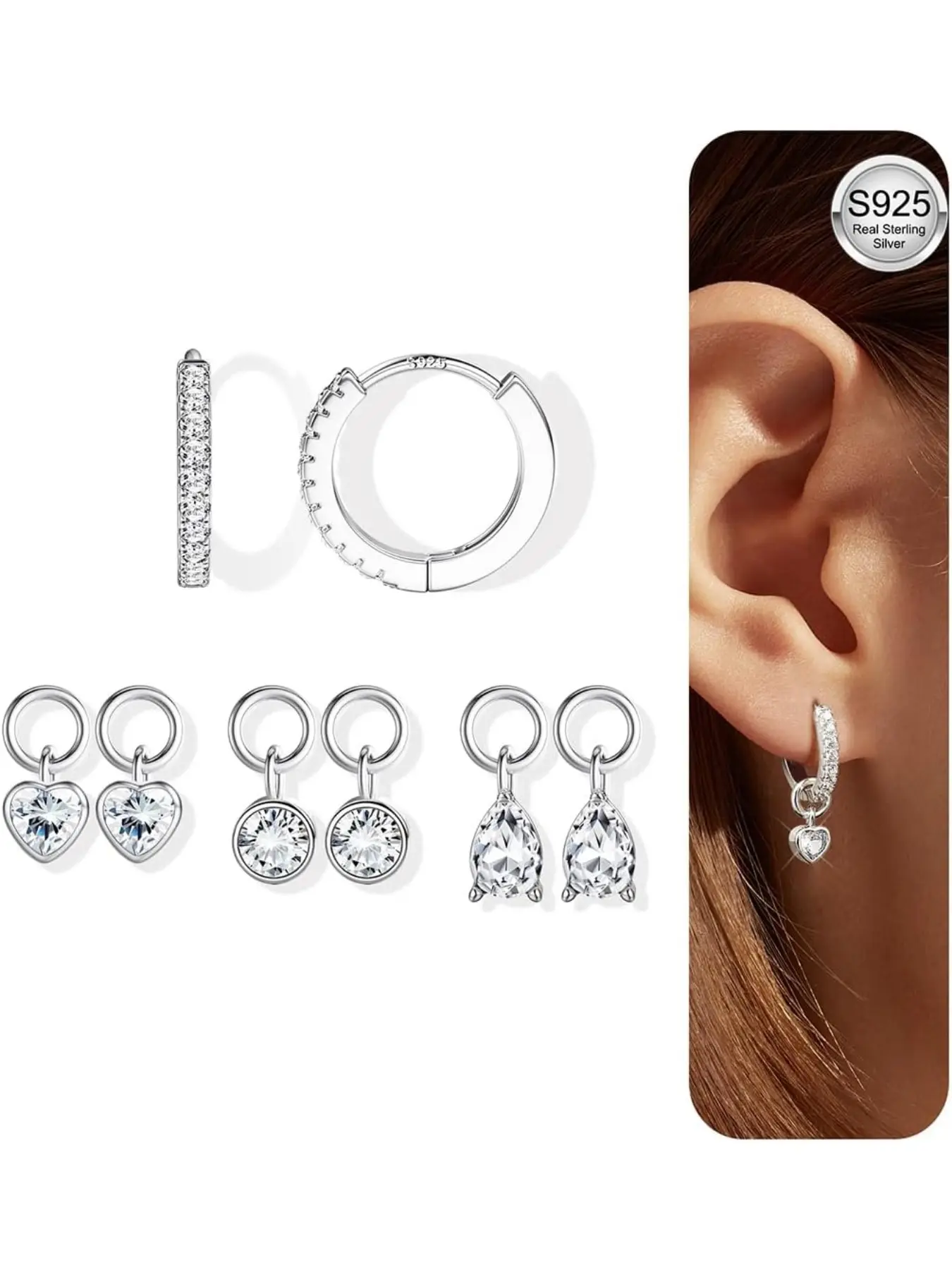 Women's Lightweight Hoops Earrings and Charm Set, Hypoallergenic Silver Color and, Huggie Cartilage Sleeper Earrings