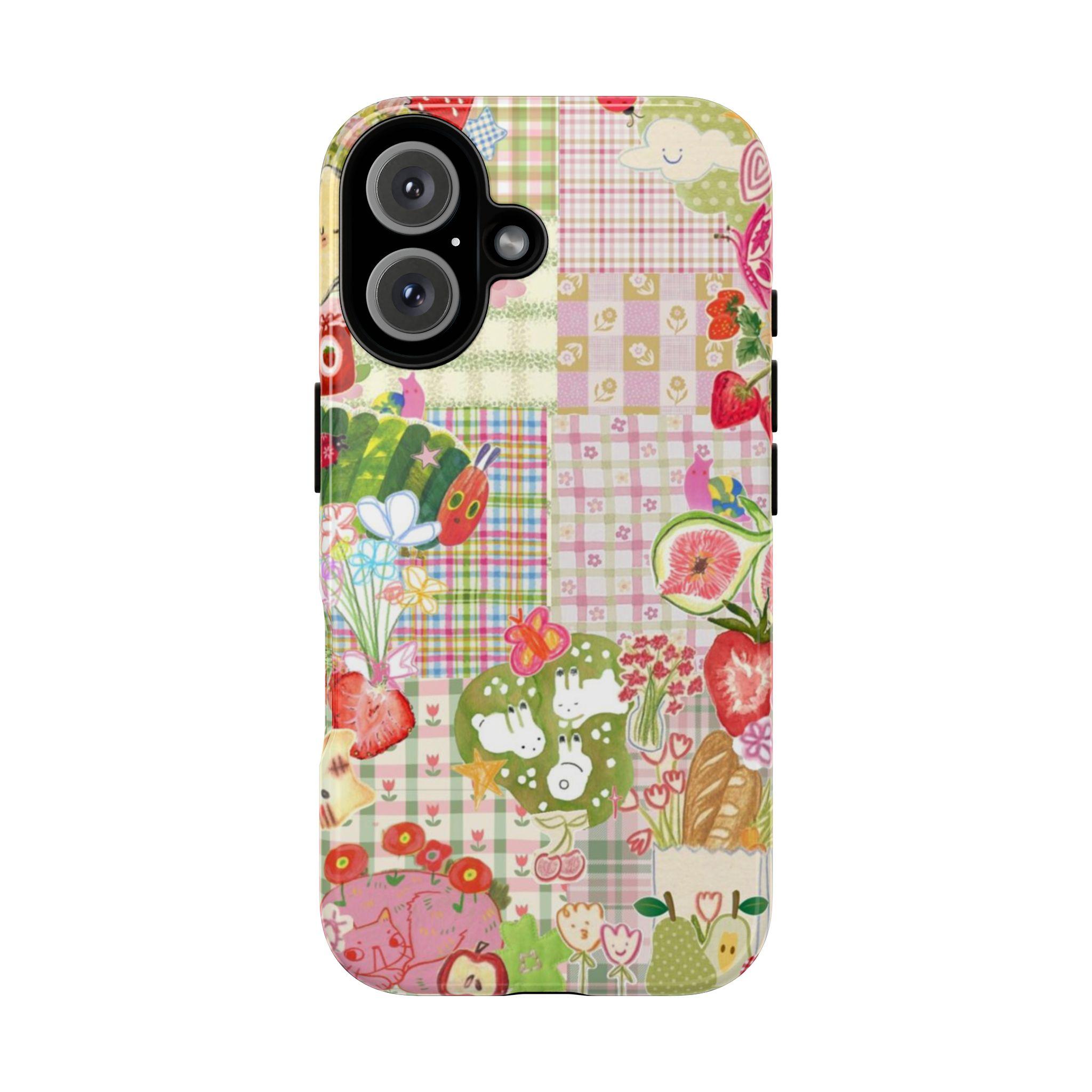 Cute Green Gingham Tough Phone 17 Pro Max Plus Air/16/15/14/13/12/11Case – Patchwork Caterpillar Ladybug Strawberry Aesthetic Protective Cover for Phone