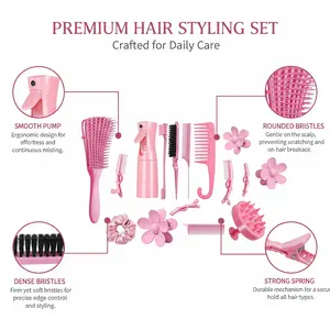 Heatless Styling Set with 200 ml Spray Bottle, Straight-Back Comb and Edge Control Hair Brush, Easy Hair Care Professional Hairdressing Tools, Hair Tools for Styling
