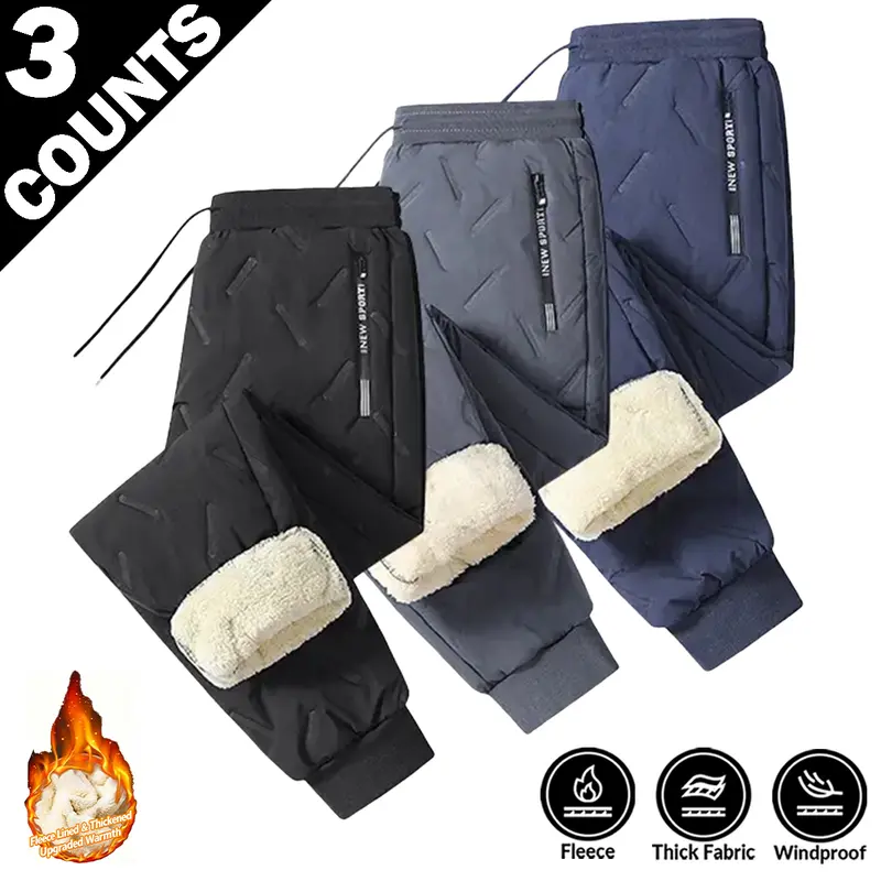 Men's Cotton Blend Athletic Casual Pants - 3-Pieces Warm Fleece-Lined Winter Sportswear with Drawstring Belt Waistband, Comfy Pants