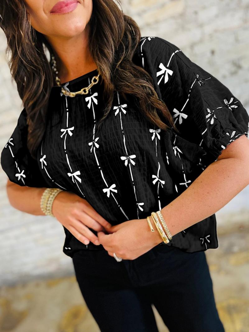 Women's Bow Print Tee, Casual Short Sleeve T-shirt for Daily Wear, Ladies Clothes for All Seasons