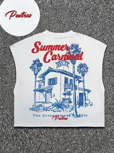 Men's Round Neck Vest, Letter Print, Summer Carnival, Brazilian Color, Outdoor, Vacation, Travel, Party, Street Fashion, Comfortable Casual Tee