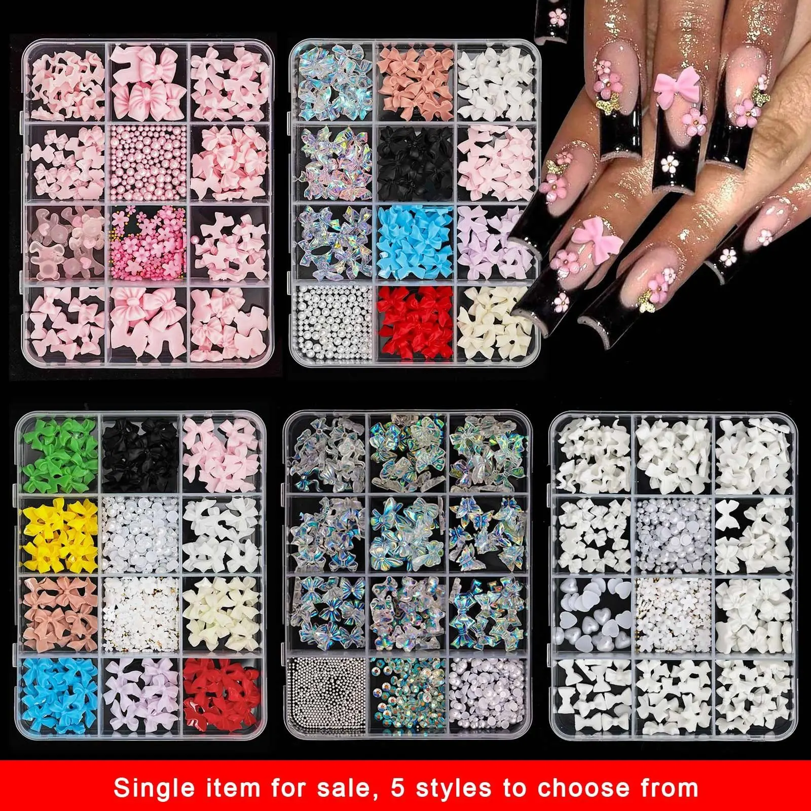 12 Grid Colorful Bow Nail Charms Set - 3D Resin Mixed Colors, Cute White Black Pink Butterfly Rhinestones for DIY Manicure Decorations, Flatback Heart Pearls Rhinestones & Bow Charms, Nail Art Supplies (Black/White/Pink)