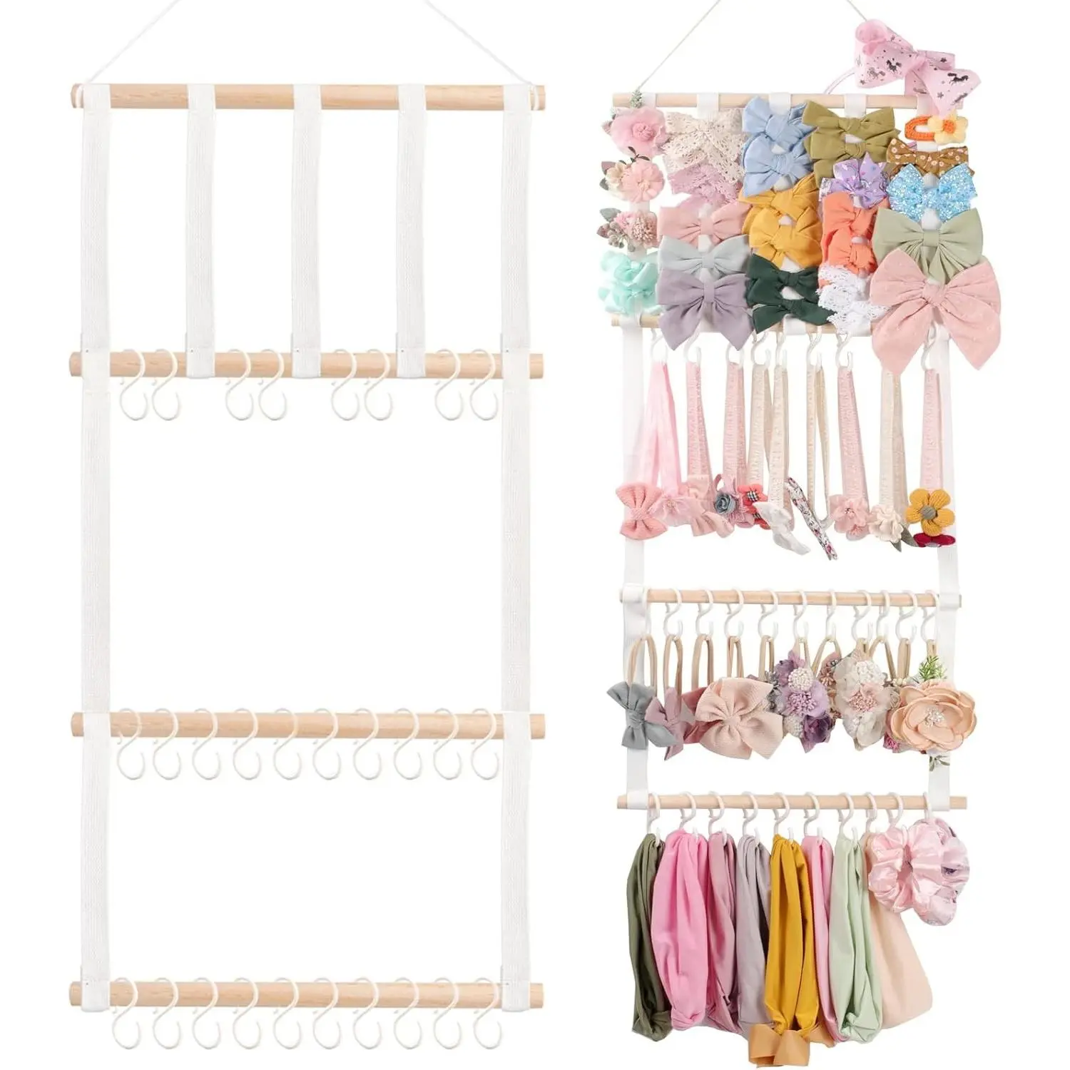 Wooden Cotton Rack Headband & Hair Bow Organizer for Toddler Girls - Newborn Hair Accessories Storage, Door/Wall-Hanging Indoor Furniture Decor