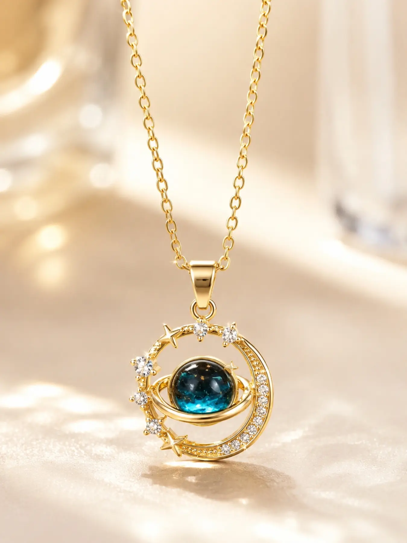 Dreamy Blue Planet Moon Pendant Necklace, High-Quality Jewelry, Exquisite Jewelry Gift, Boho Style, Stainless Steel, Perfect for All Seasons, Ideal Gift