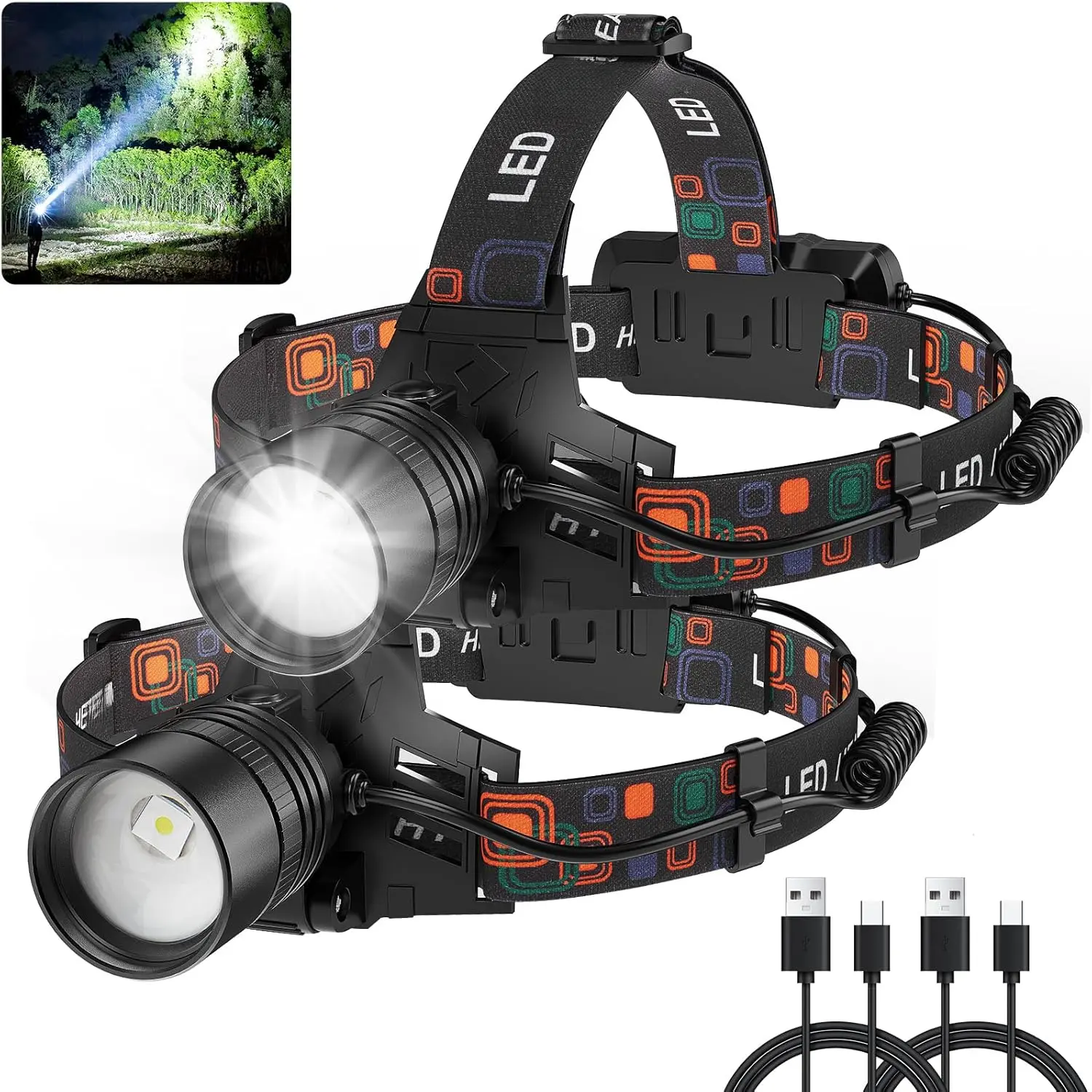 Rechargeable LED Headlamps, 2-Pack Super Bright Flashlight with an Adjustable Headband, 90° Adjustable Tilt, 3 Modes, and IPX6 Waterproof for Camping & Hiking