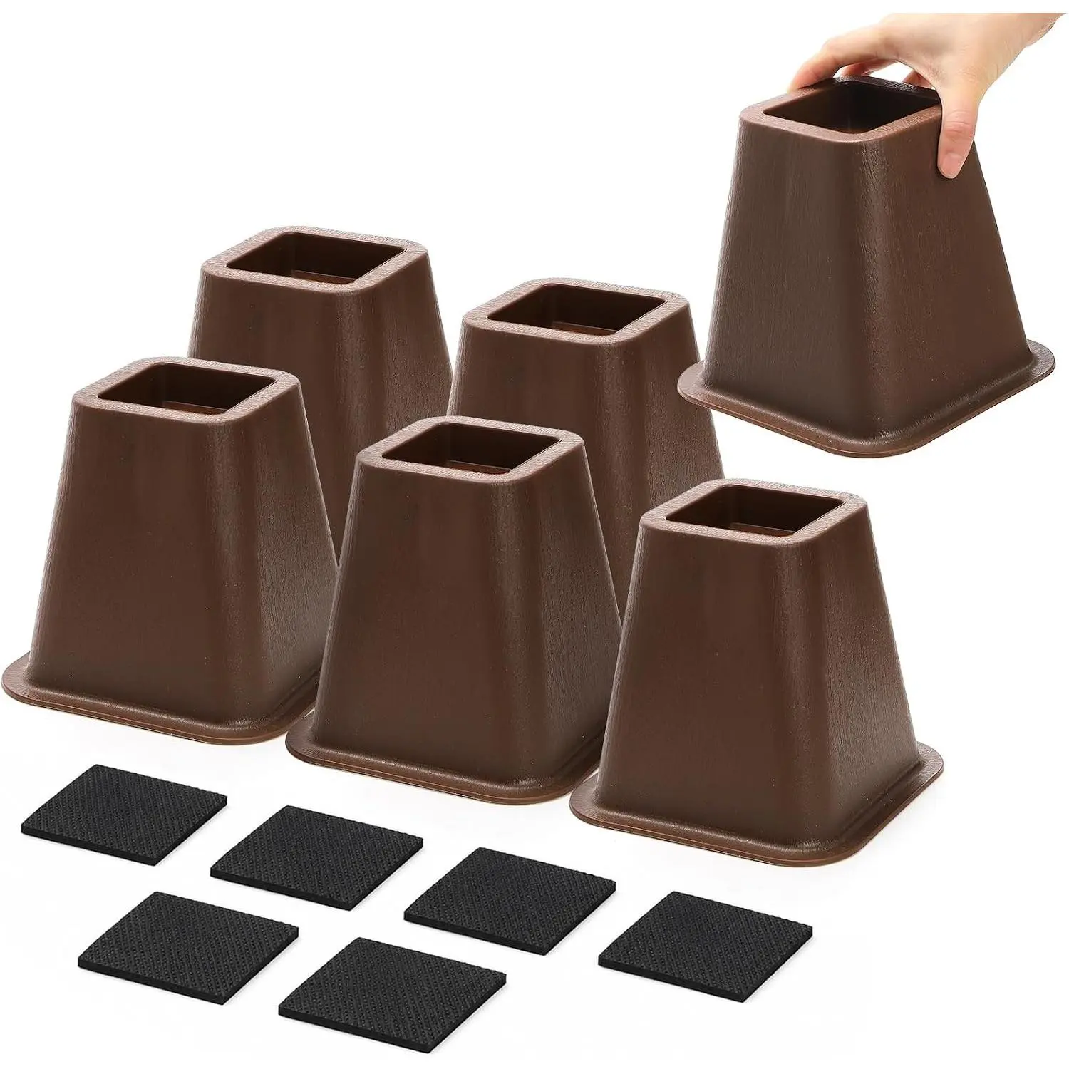 6 Inch Large Bed Furniture Risers, 6 Pack Heavy Duty Couch Lifter for Sofa, Chair, Cabinet, Desk, Durable ABS Plastic Bed Stilts, Supports up to 2200 lbs, Brown