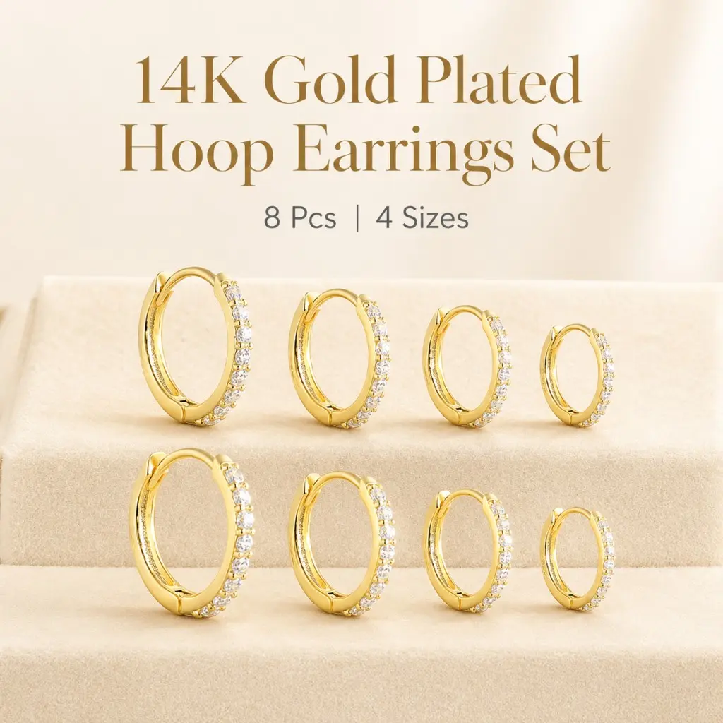 Women's 14K Gold Plated Huggie surgical steel Hoop Earrings Set, 8Pcs 4 Sizes 6-12mm Sparkly Cubic Zirconia Hinged Stackable Jewelry for Cartilage Helix Earlobe Piercings, Lightweight Daily Party Fashion Gift