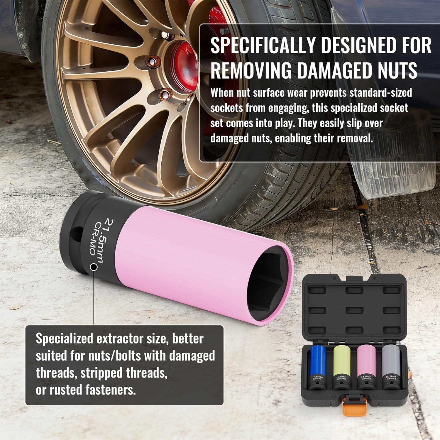 4- 1/2 inch Drive Thin Wall  Sockets (17.5, 19.5, 21.5, 22.5mm), Non-Marring Design for Swollen or Seized Wheel Nuts, CR-MO Steel