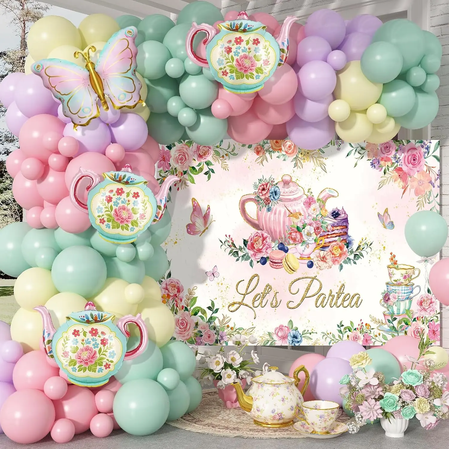 Tea Party Decorations, 155 Pcs Tea Party Balloons Arch Garland Floral Teapot Mylar Balloon with Let's Par-Tea Backdrop for Tea Party Birthday Bridal Baby Shower Decorations Supplies for Women Girl