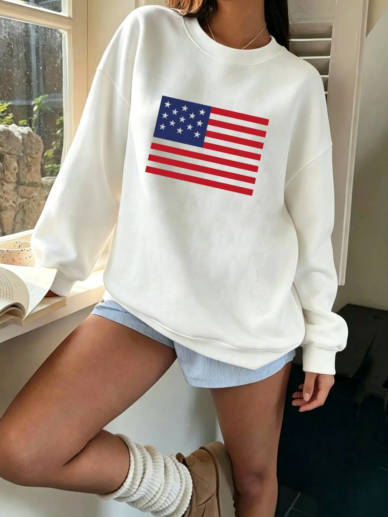 Street Style Usa Flag Print Round Neck Sweatshirt, Loose Fit Casual Fall Winter Top, Women's Patriotic for Independence Day
