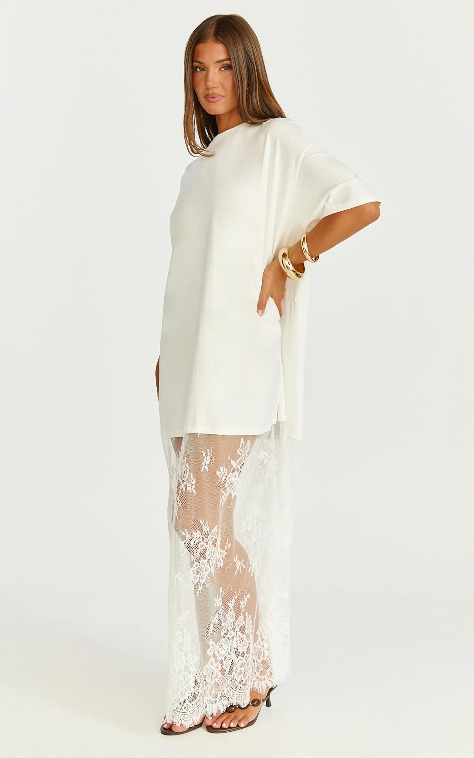 Women's Black Oversized T-Shirt Maxi Dress with Sheer Lace Hem Drop Shoulder Short Sleeve Perfect for Street Style...