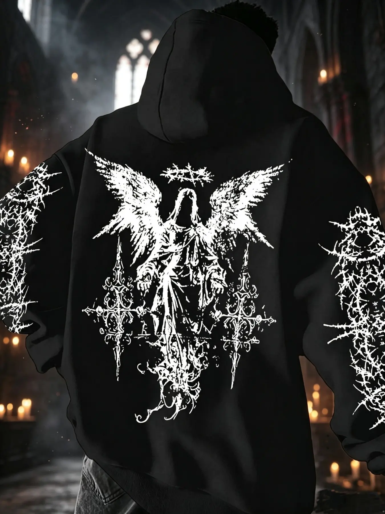 Men's Casual Loose Fit Hooded Sweatshirt, Gothic Angel Thorns Print, Dark Style Fleece Lined, Fall & Winter Fashion Top