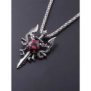 1 Gothic Dragon Water Diamond Long Necklace Men's Dominant Retro Dragon Necklace