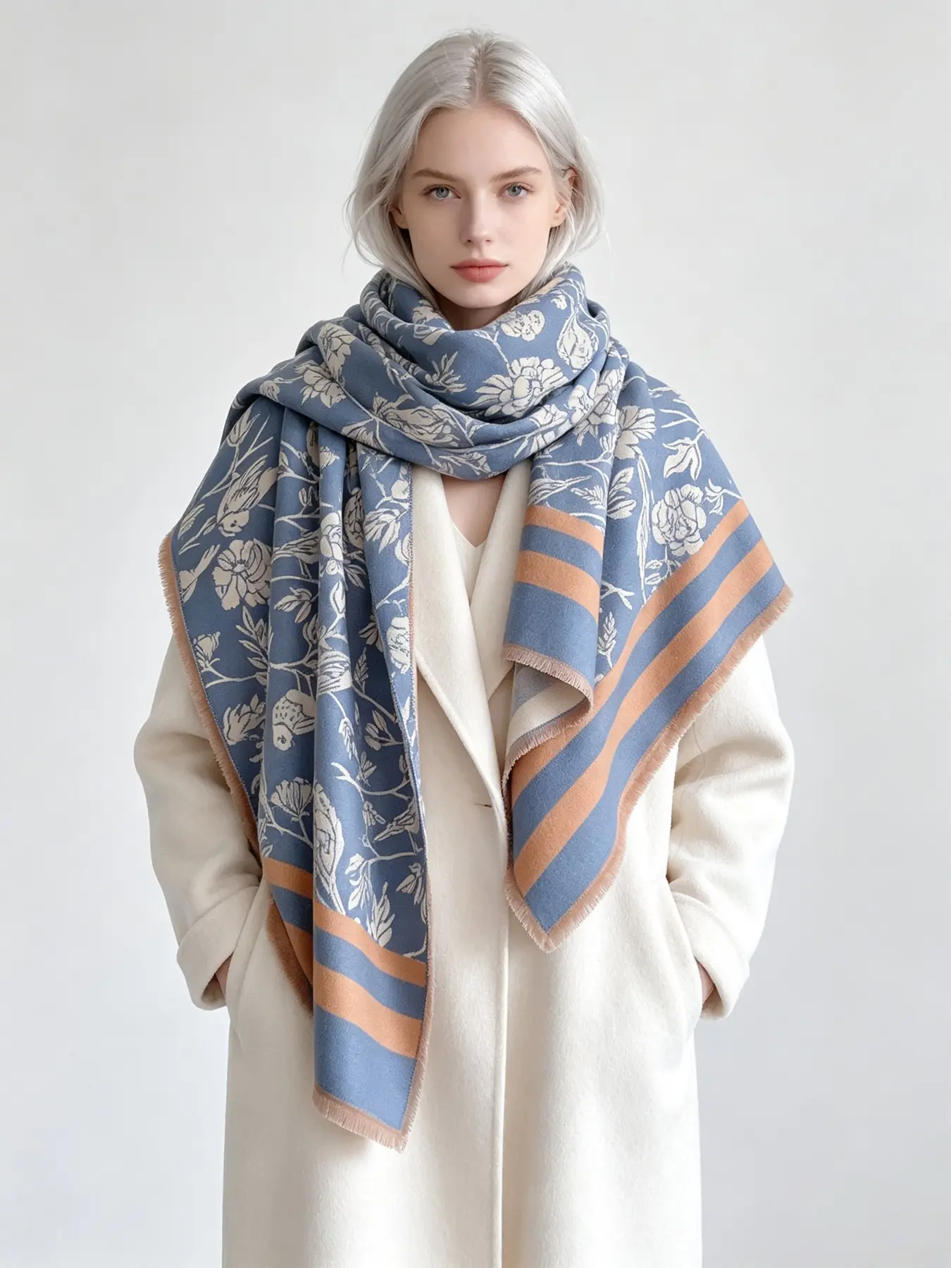 Muted Blue Vintage Floral Bird Blanket Scarf, Luxe Soft Cashmere Feel Reversible Shawl, Perfect for Back to School & Christmas Gifts