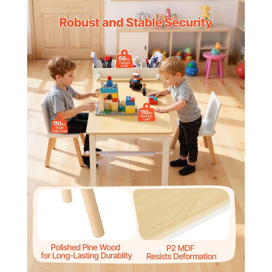 VEVOR Kids Art Table and Chair Set, Toddler Craft Table with 3 Tiers Storage Cabinet, Wooden Kids Activity Play Desk with 2 Chairs, Art Craft Play Desk for Reading, Learning, Drawing, Writing, White