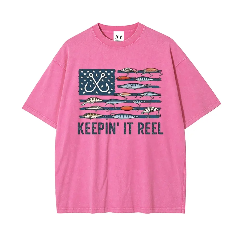 Unisex Keepin' It Reel Fishing American Flag T-Shirt, Vintage Washed Casual Tee for Men Women Funny Fishing Graphic T-Shirt Keepin' It Reel US Flag Print Crewneck Short Sleeve Top