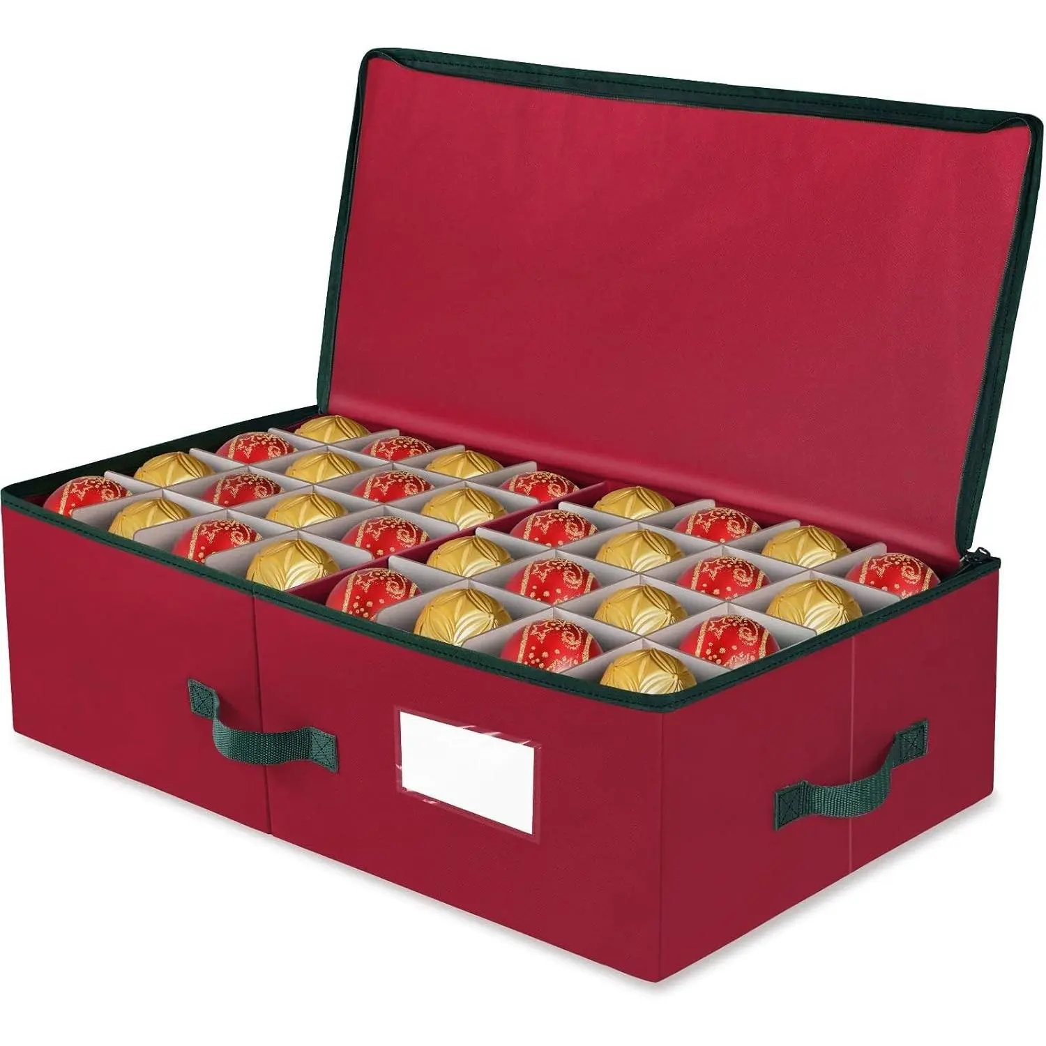 Christmas Ornament Storage Box -Stores Up to 64 3” Balls, Holiday Ornaments Storage with Adjustable Dividers, Visual ID Window, Dual Zipper, Handles, Stackable, Foldable Fabric Organizer