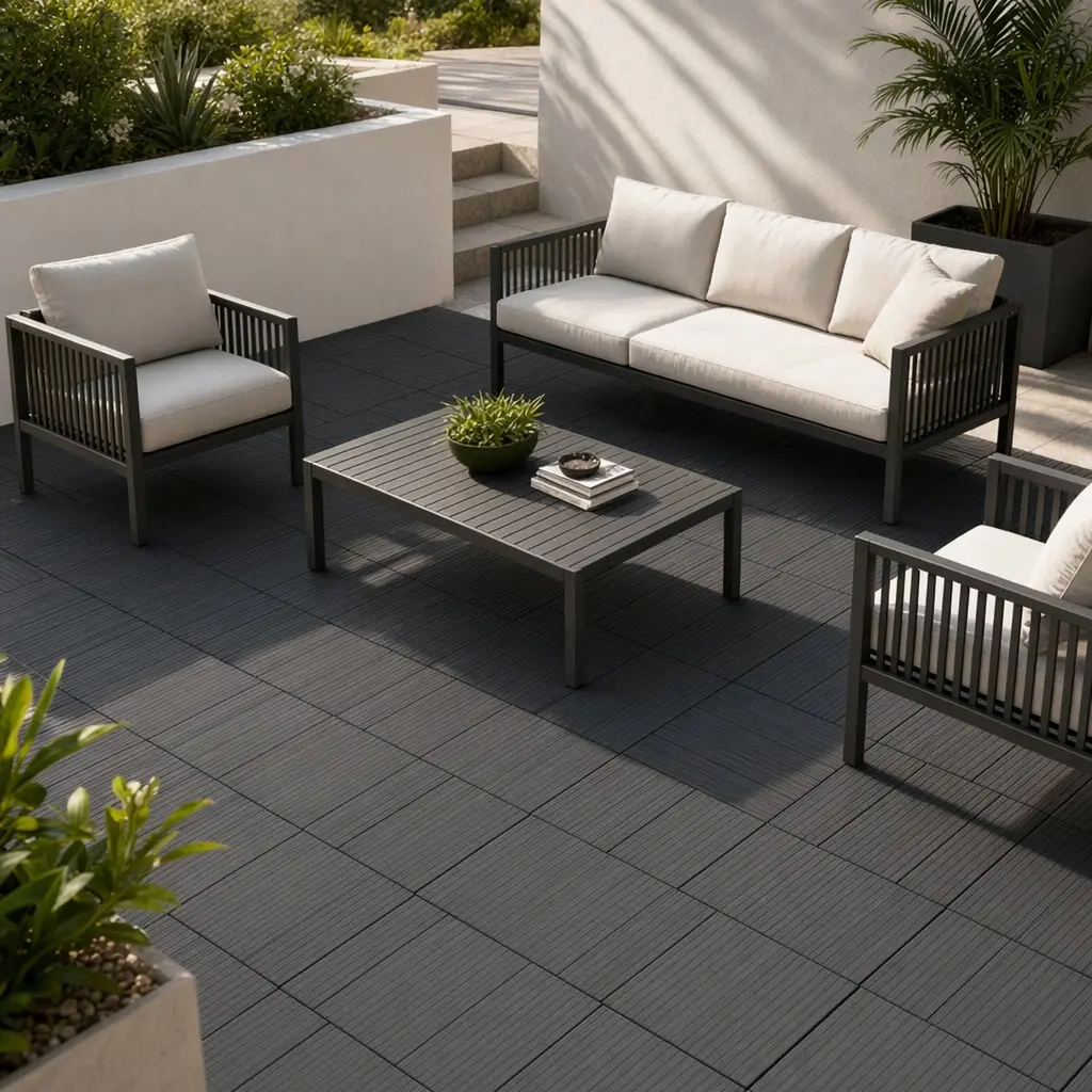 9-Piece Interlocking WPC Engineered Wood-Block Paving Deck Tiles, Waterproof 11x11in Snap-Together Flooring for DIY Installation, Gray for Patio, Bedroom, Poolside