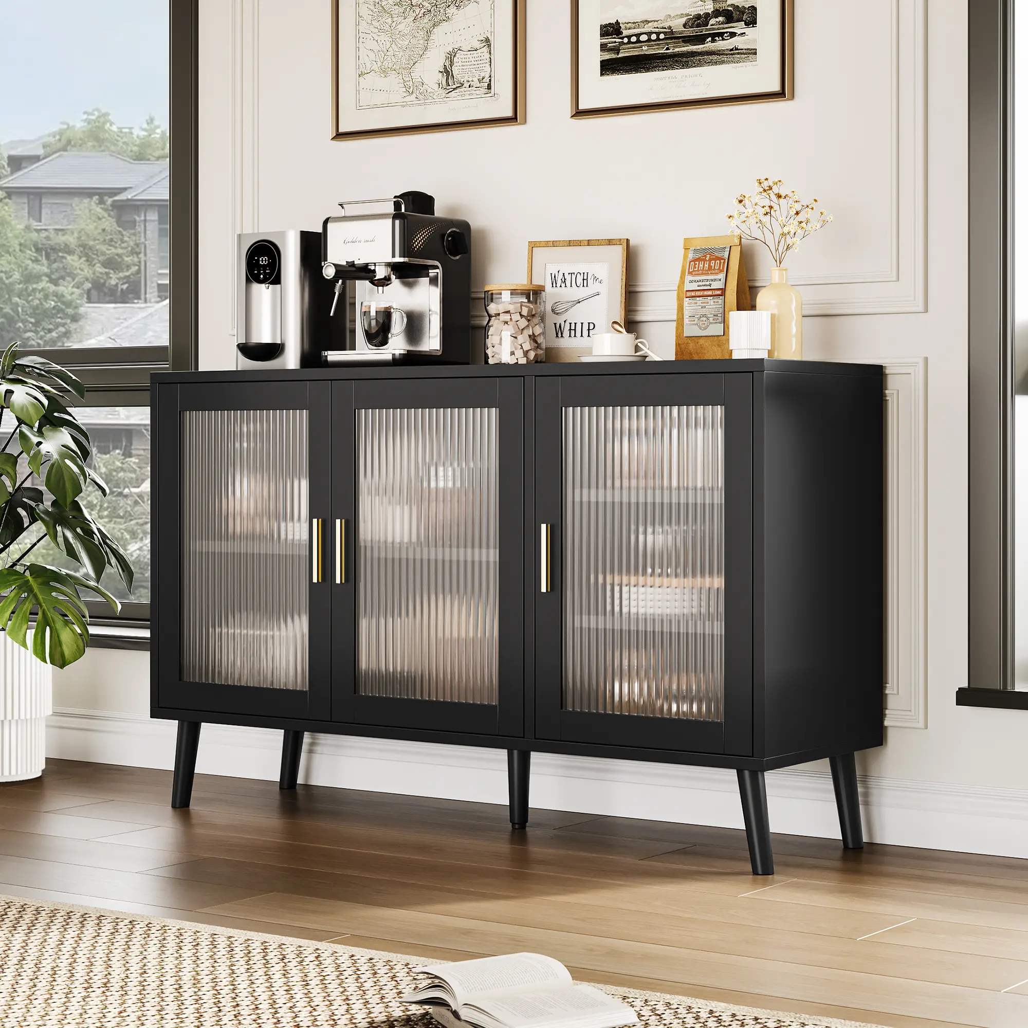 Fluted Glass Front Sideboard Buffet Cabinet with Ample Storage, Modern Mid Century Console for Dining Room, Kitchen, Living Room, Versatile TV Stand and Coffee Bar Unit