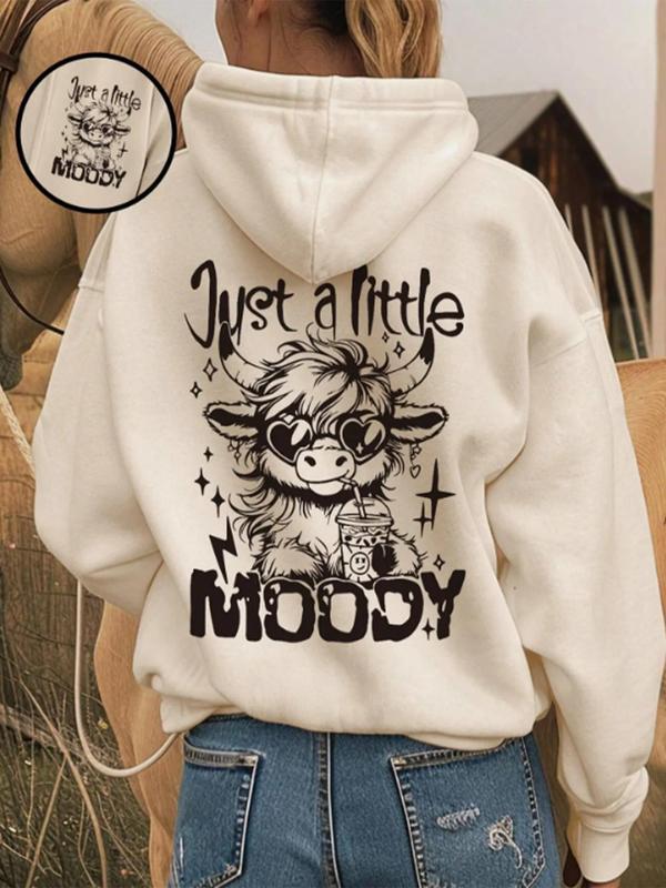 Women's Cartoon Highland Cow Print Hoodie, Casual Thermal Lined Long Sleeve Hooded Sweatshirt for Fall & Winter, Women's Clothes for Daily Wear