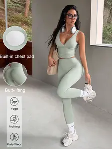 Women's Sporty Crop Top Sleeveless High-Waisted Pants Set, Elastic Sports Suit, Fitness Sportswear, Comfortable Fabric for Yoga Fitness Gym Wear, Plain Design Two-Piece, Exercise Clothing Set