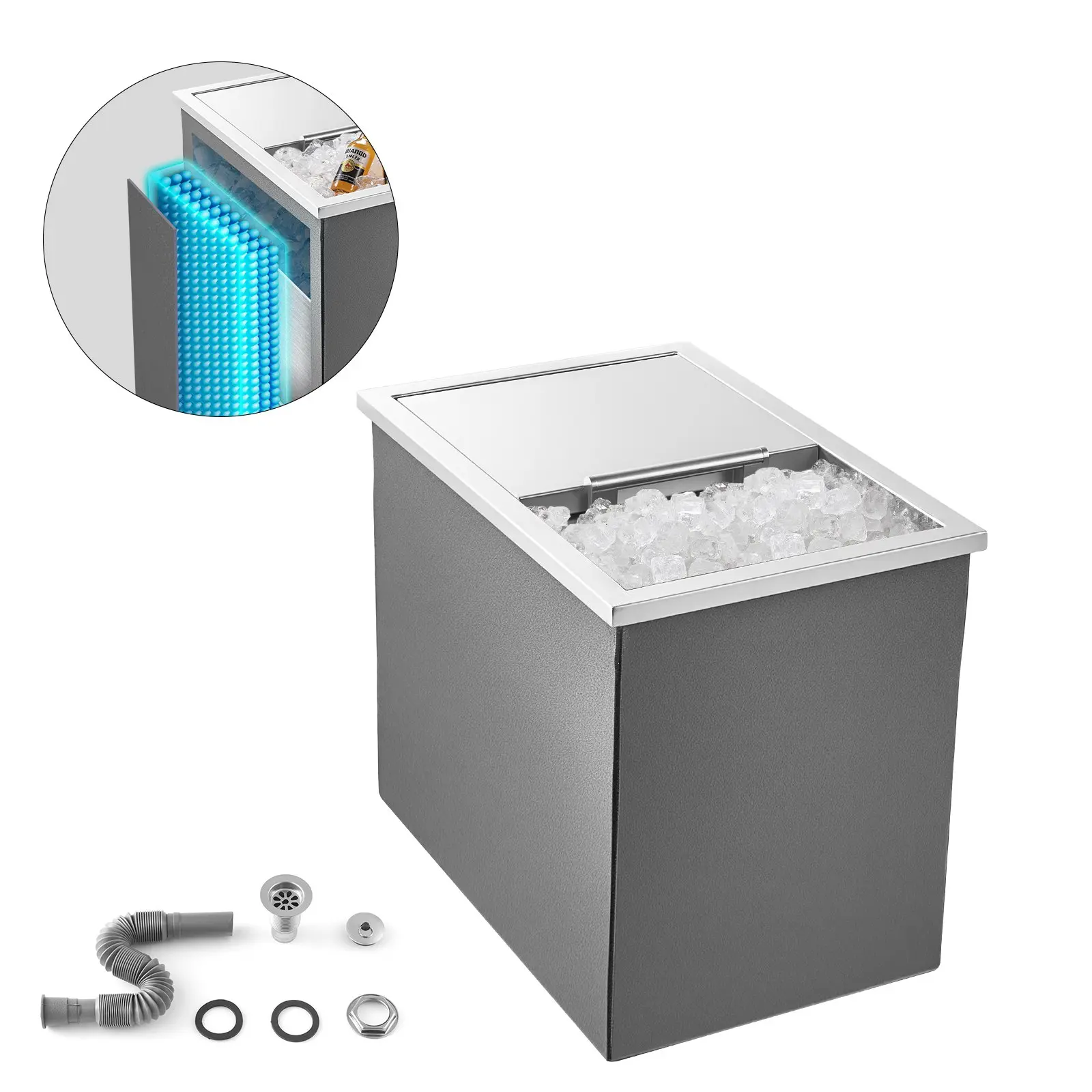【DealsForYouDays】VEVOR Drop in Ice Chest, 18"Lx 12"Wx 15"H Stainless Steel Drop in Cooler, 28.6 Quart Commercial Ice Bin with Sliding Lid for Outdoor Kitchen Patio Bar, Drain-pipe Set Included, for Cold Wine Beer