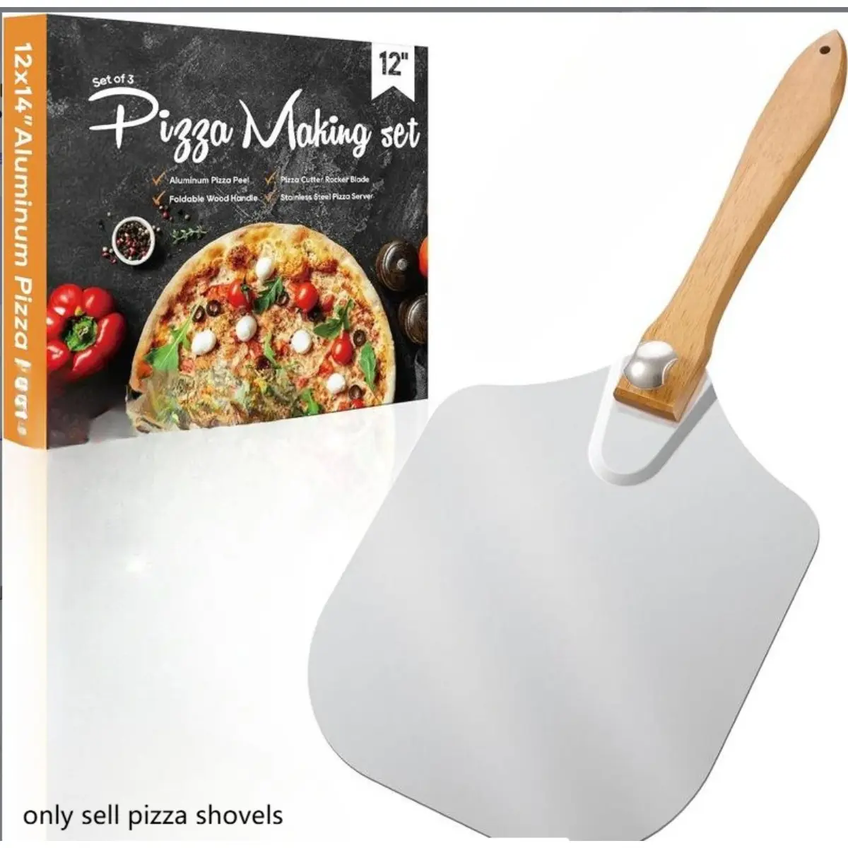 Pizza Peel Aluminum Pizza Spatula Set, 12 x 14 Inch Metal Pizza Paddle with Foldable Wooden Handle, Pizza Rocker , Pizza Server, Pizza Oven Accessories for Baking Homemade Pizza Bread