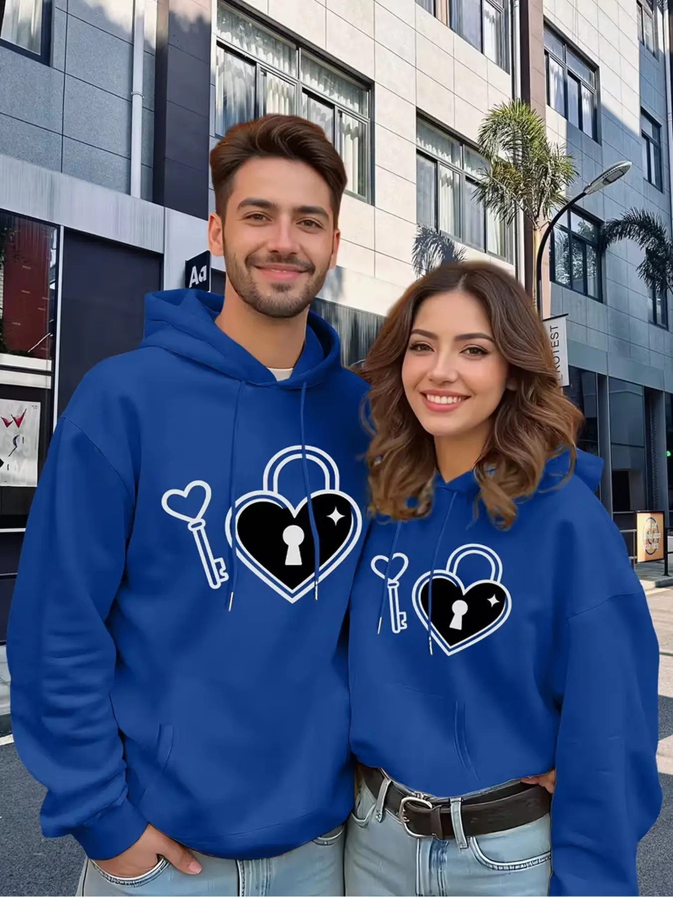2Pcs Streetwear style couple hoodies with loose relaxed fit, draping polyester fabric, fit for dating and outdoor walks, nice holiday gift for boyfriend and girlfriend.