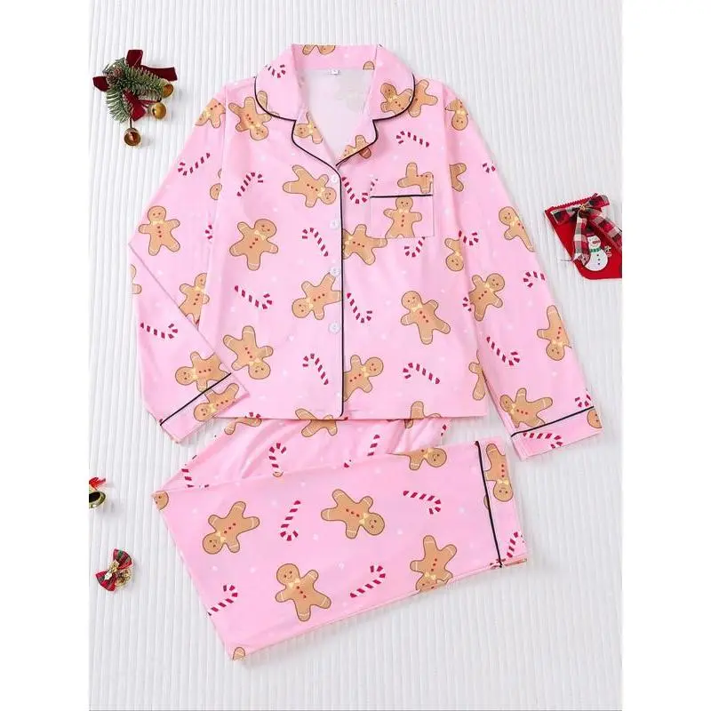 Women's cute Santa & Gingerbread Man print lapel pajama set, comfortable Christmas pajamas perfect for the holiday season